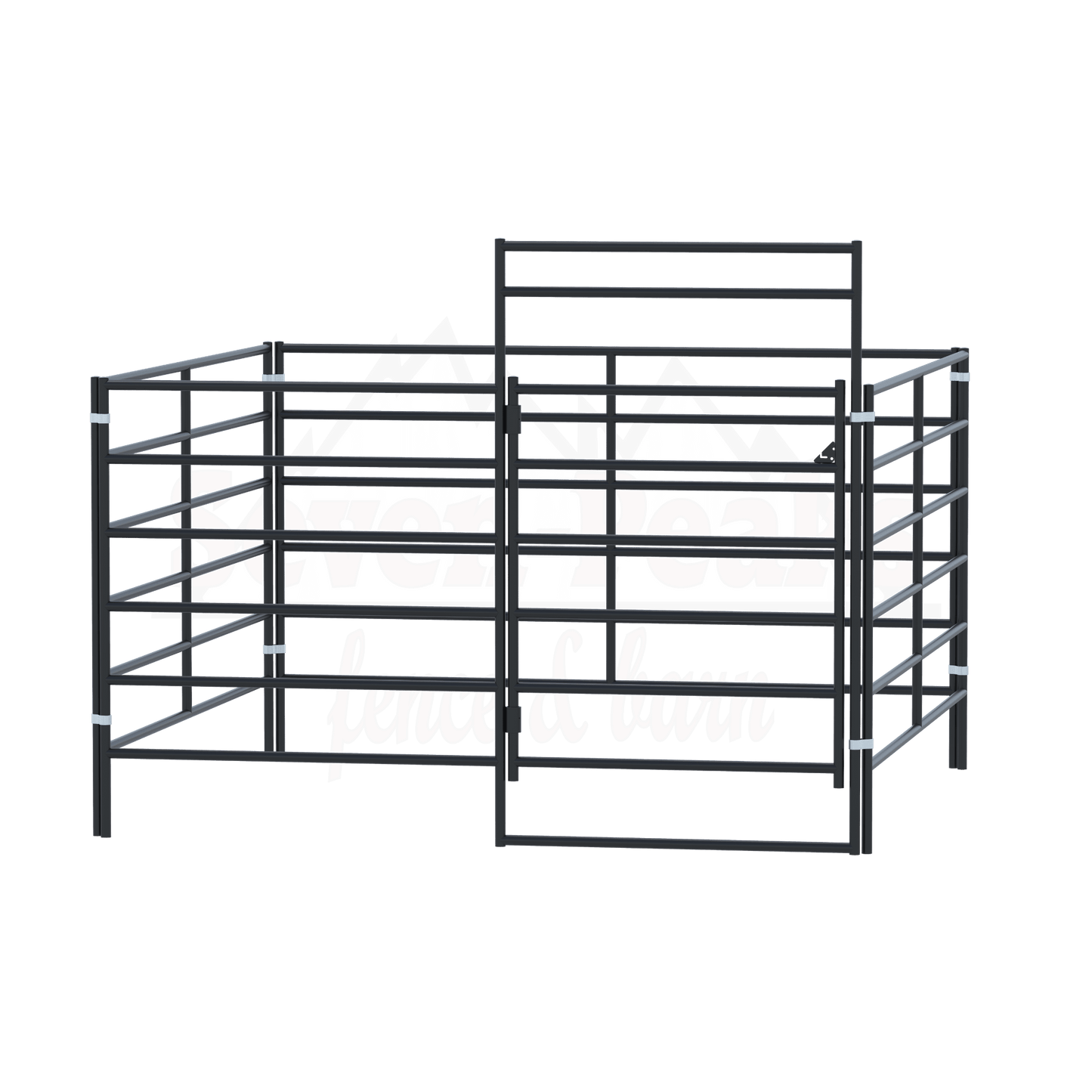 steel corral fence with gate and logo background