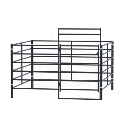 steel corral fence with gate and logo background