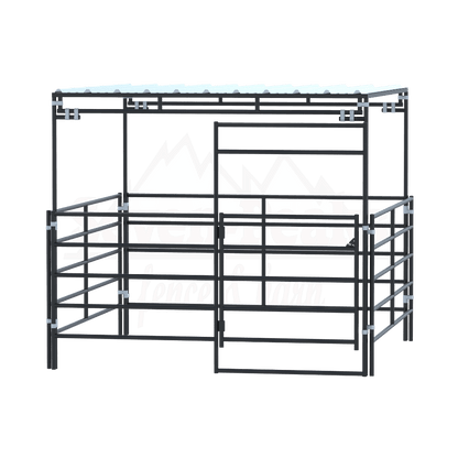 "enclosed metal livestock pen"