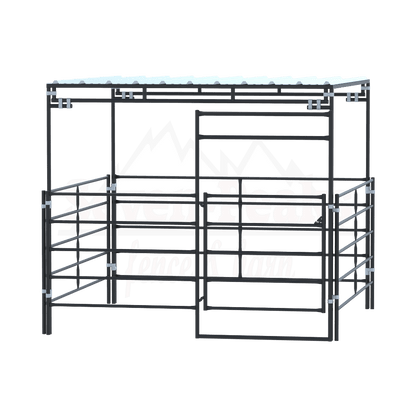 Seven Peaks Fence and Barn metal pen with gate and roof.