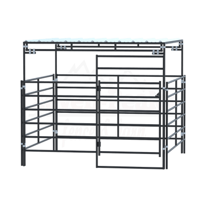 metal livestock corral panels with roof backdrop logo