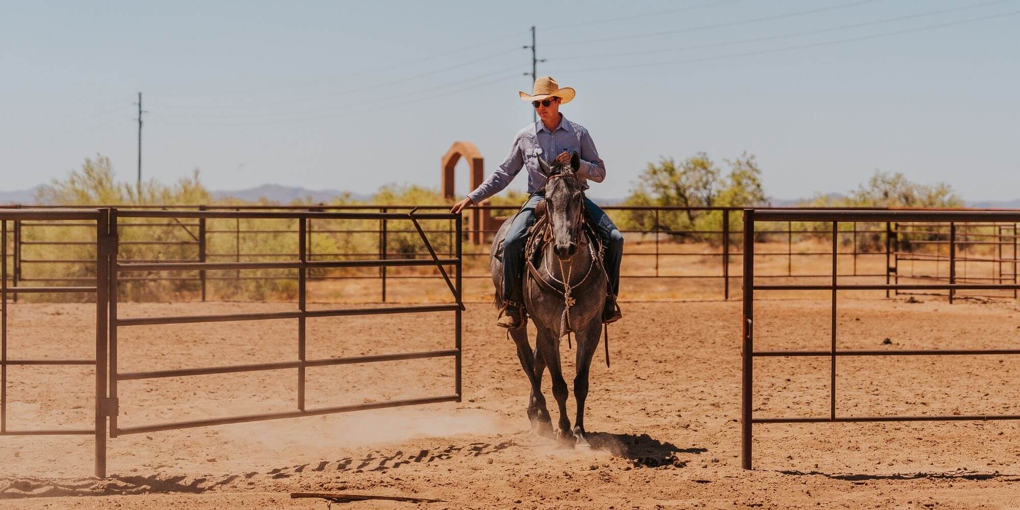 cowboy riding horse in rodeo arena