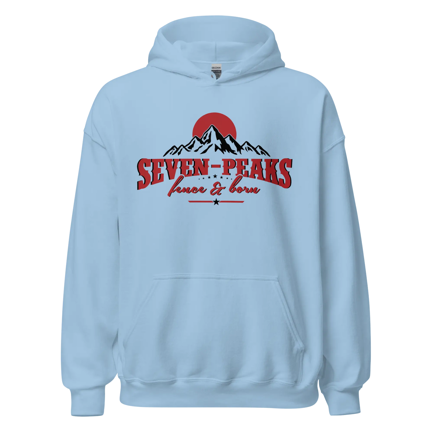 Light blue hoodie with Seven Peaks graphic design.