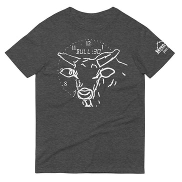 A t shirt with an outline of a bulls face with clock numbers going around his head and text that says BULL:30