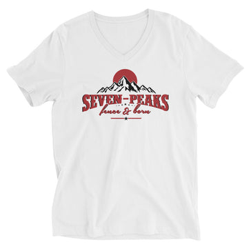 white t-shirt with seven-peaks logo and mountain graphic