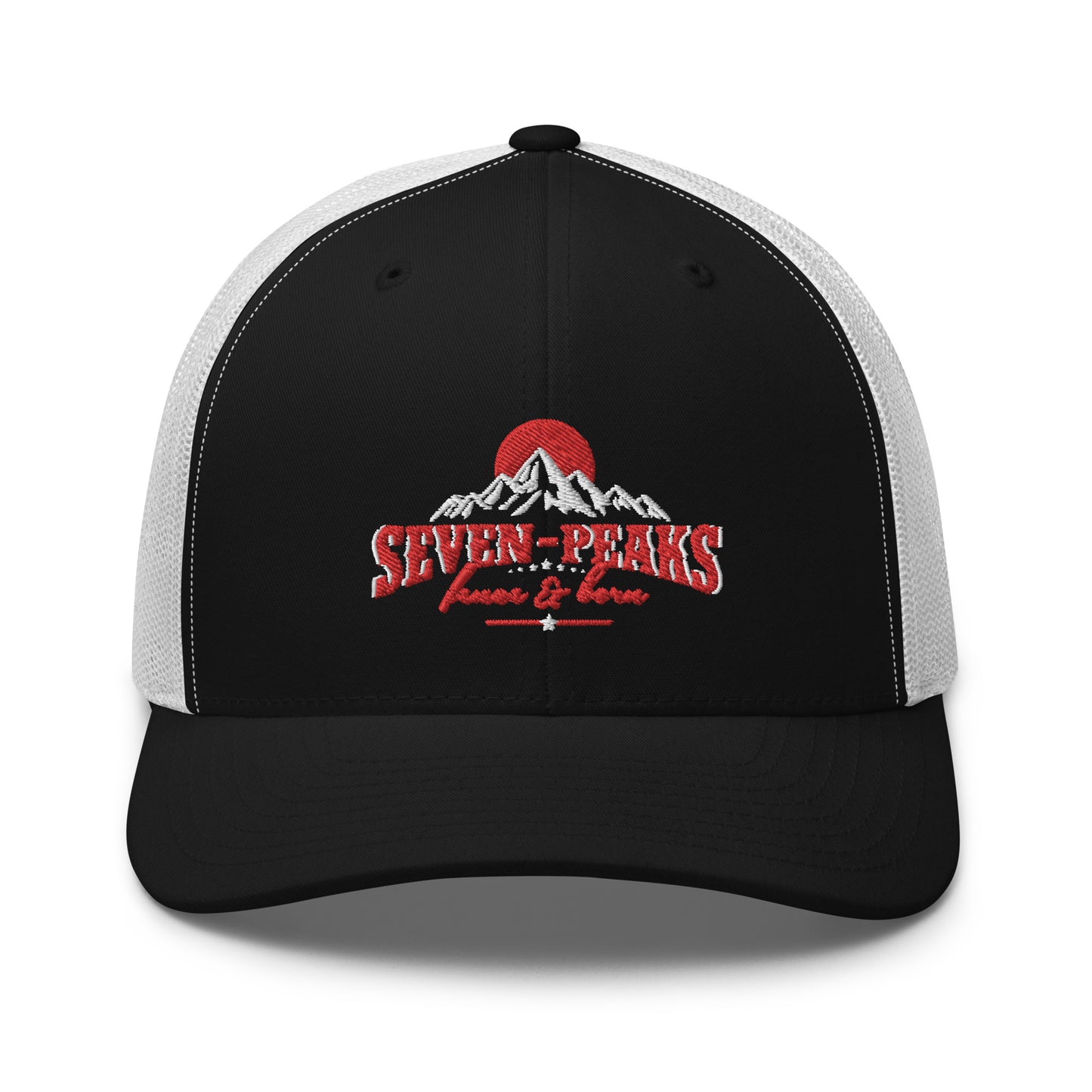black and white trucker hat with Seven Peaks mountain logo