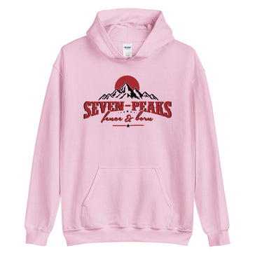 Pink hoodie with Seven Peaks logo design.