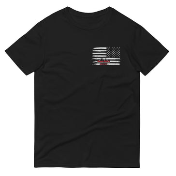 Black t-shirt with American flag design.