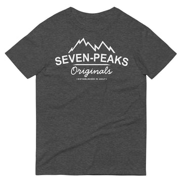 Gray T-shirt with Seven Peaks Originals print, mountain design.