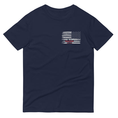 Navy blue t-shirt with American flag design and text