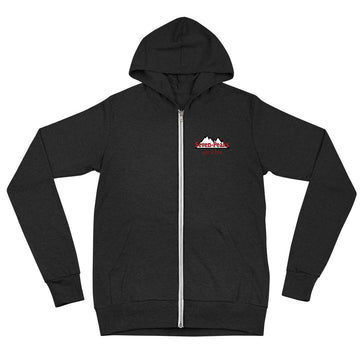 "black zip-up hoodie with seven peaks logo"
