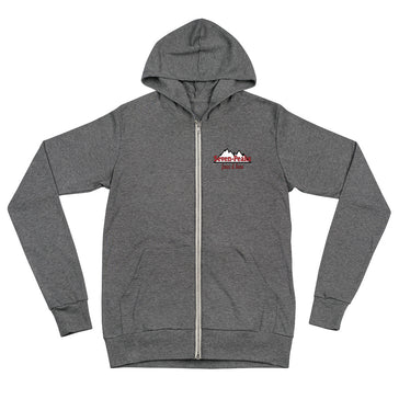 Gray zip-up hoodie with mountain logo.