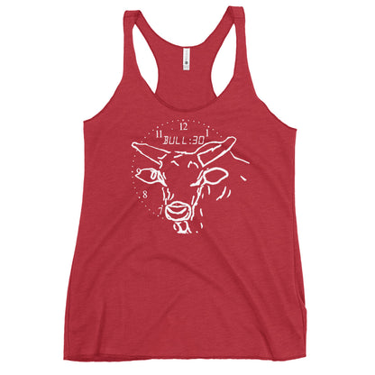 Red tank top with bull clock design.