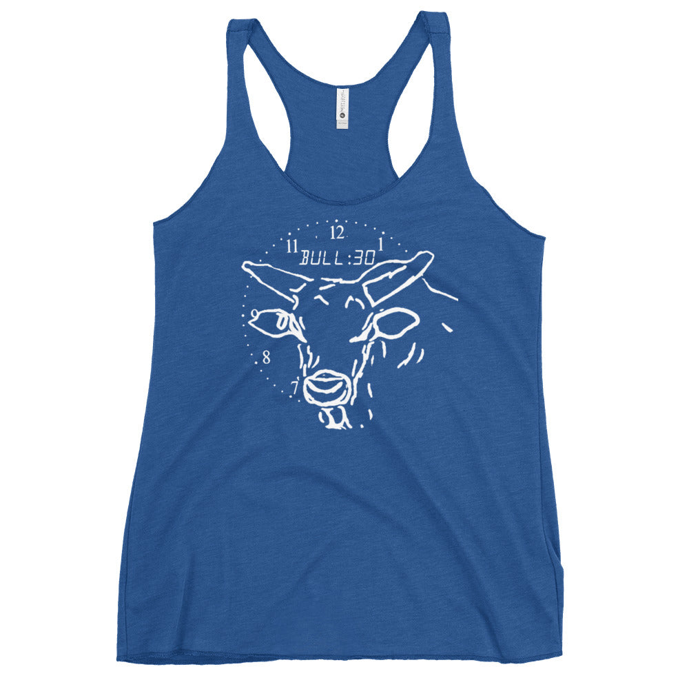 blue tank top with bull graphic and clock design