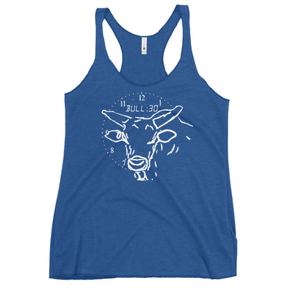 blue tank top with bull graphic and clock design
